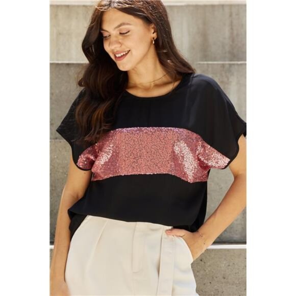 Sew In Love Shine Bright Full Size Center Mesh Sequin Top in Black/Mauve - Picture 12 of 12